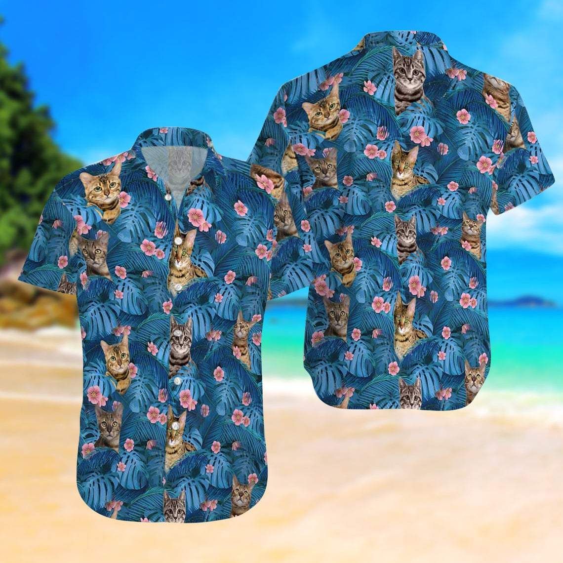 Cat Summer Vibe Blue Tropical Unisex Hawaiian Shirts