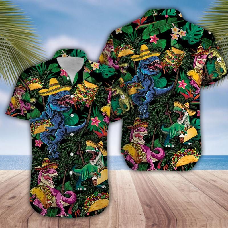 Dinosaur Love Tacos Summer Vibe Green Unisex Hawaiian Shirts Dinosaur Love Tacos Summer Vibe Green Unisex Hawaiian Shirts