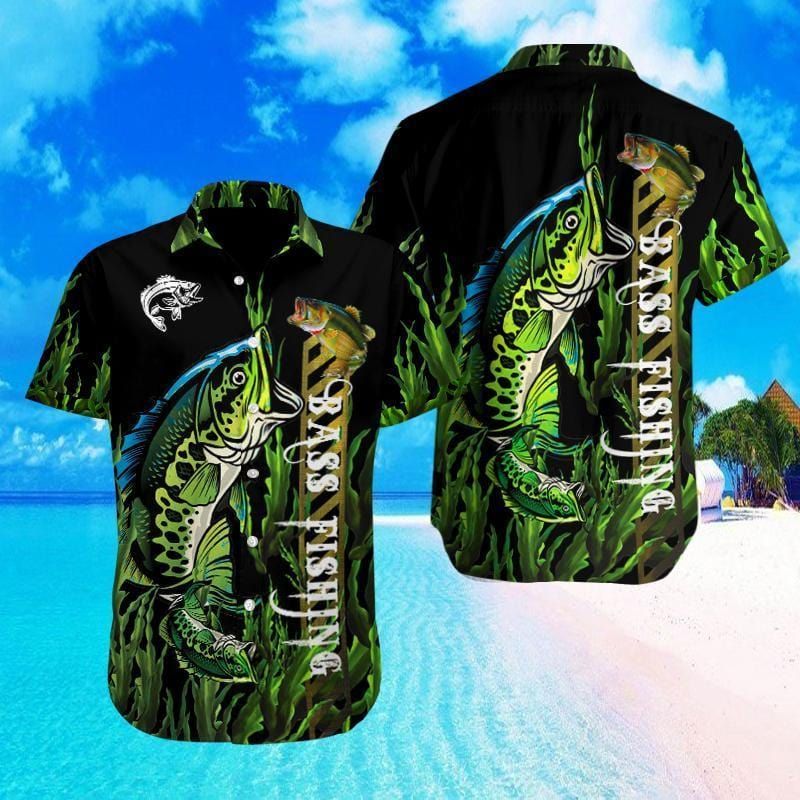 Gift For Father Bass Fishing Black Green Unisex Hawaiian Shirts