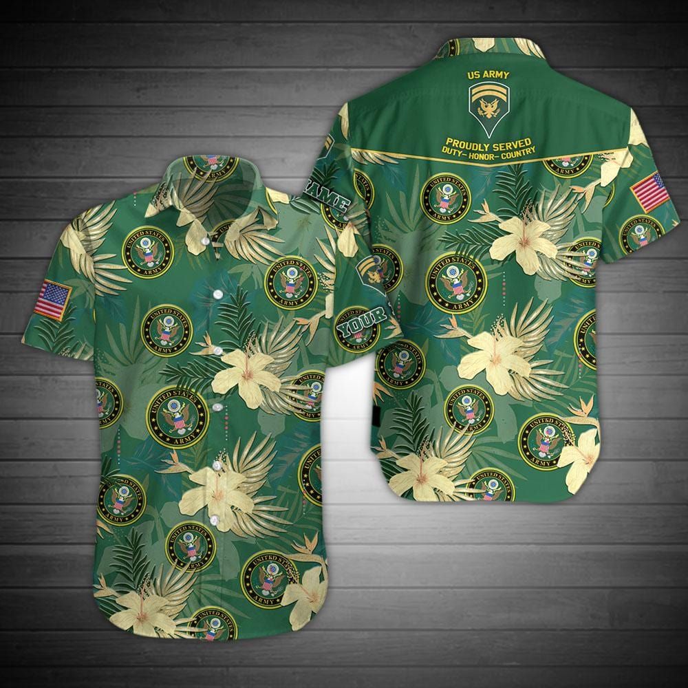 Personalized Name And Rank Proudly Served US Army Green Unisex Hawaiian Shirts