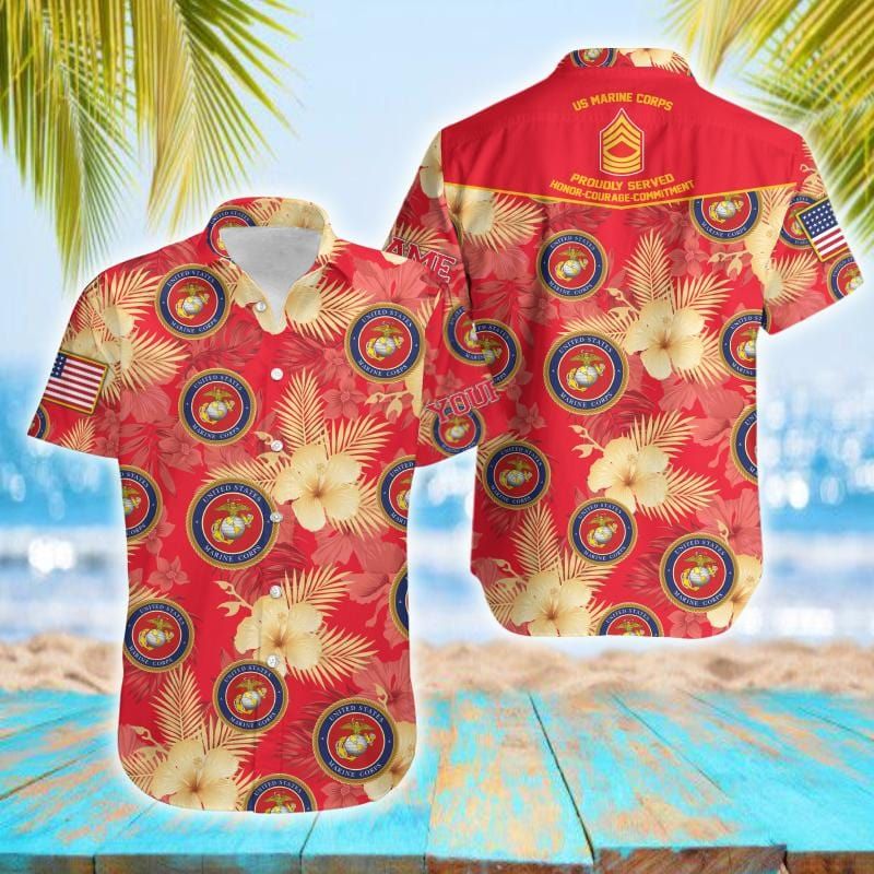 Personalized Name And Rank Proudly Served US Marine Corps Red Unisex Hawaiian Shirts