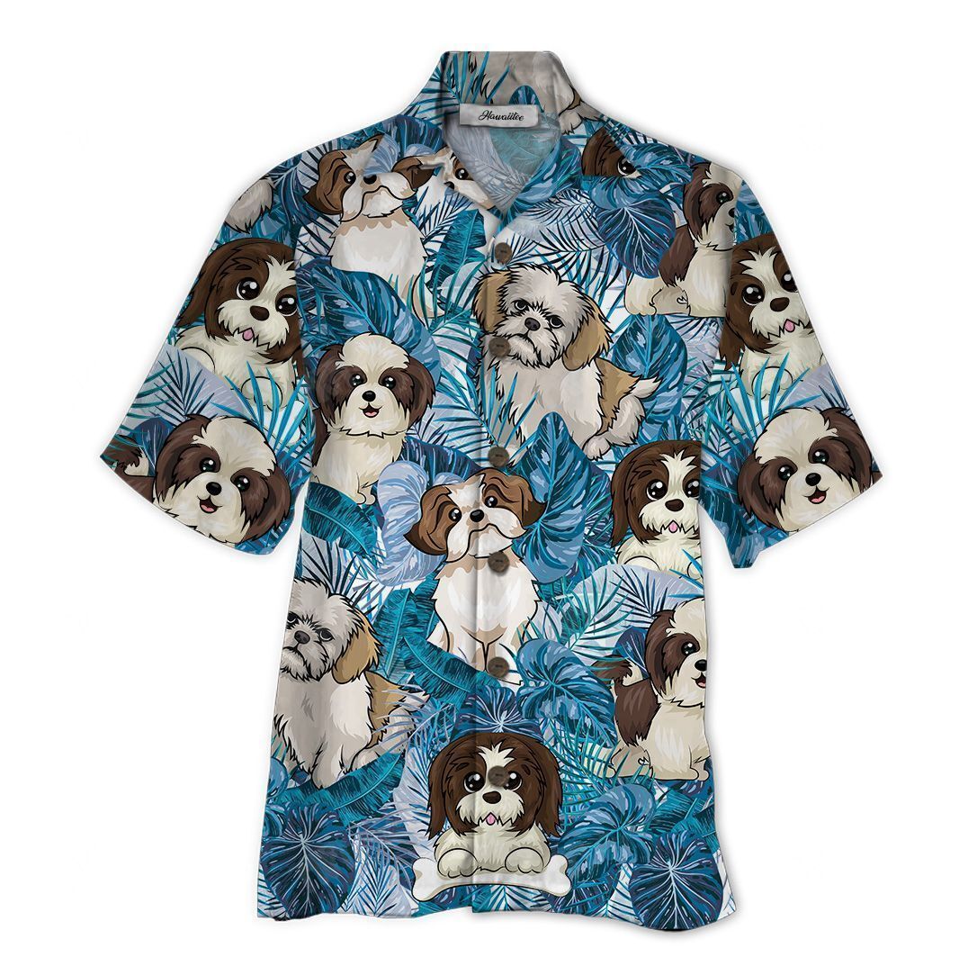 Hawaiian Shirt 'Shih Tzu' Blue Tropical