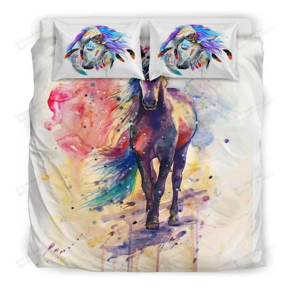 White Watercolor Horse Bedding Set