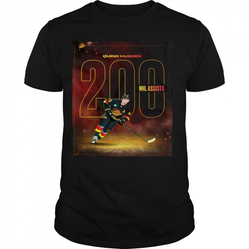 Quinn hughes 200 nhl career assists with vancouver canucks shirt