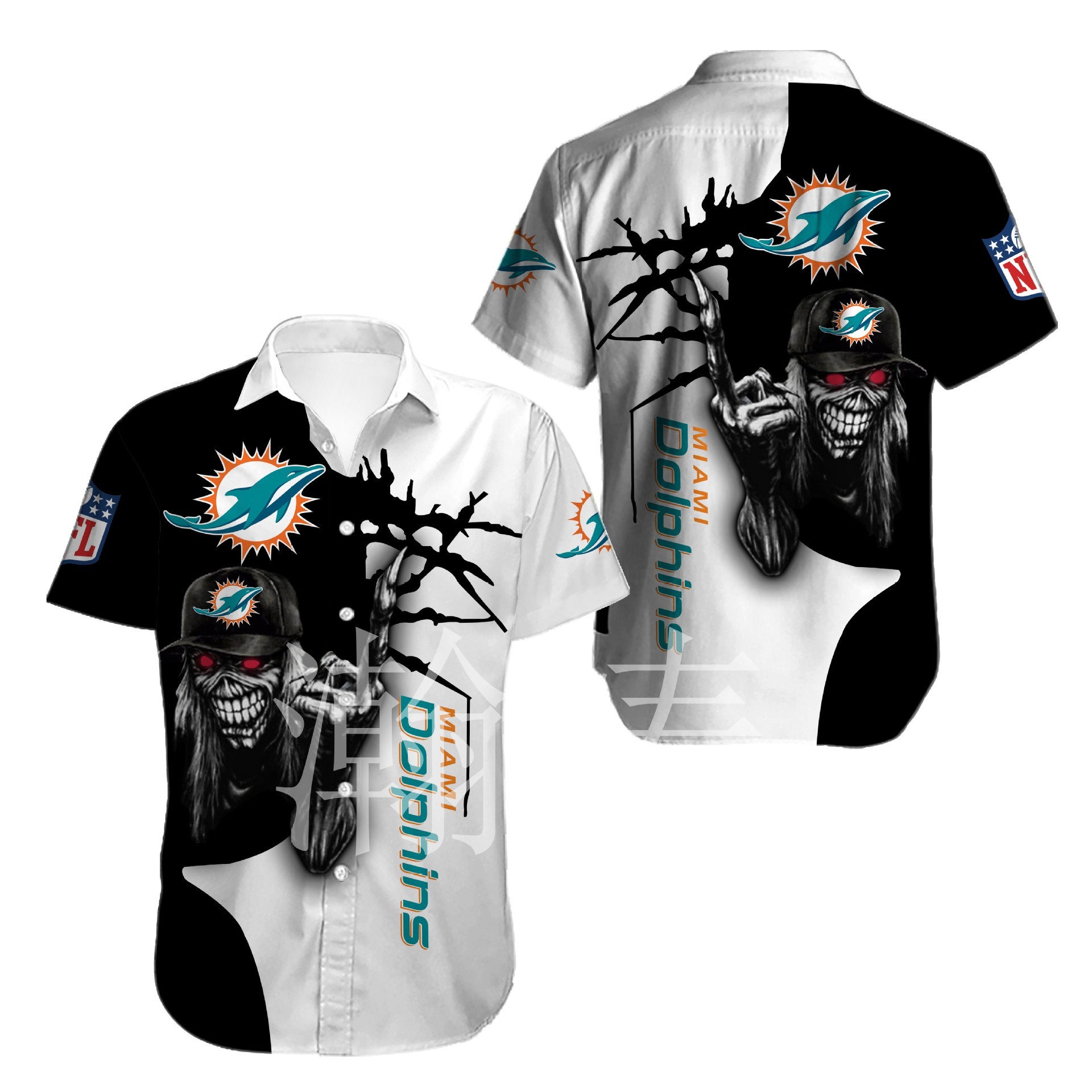 Miami Dolphins button-up shirt Iron Maiden gift for Halloween