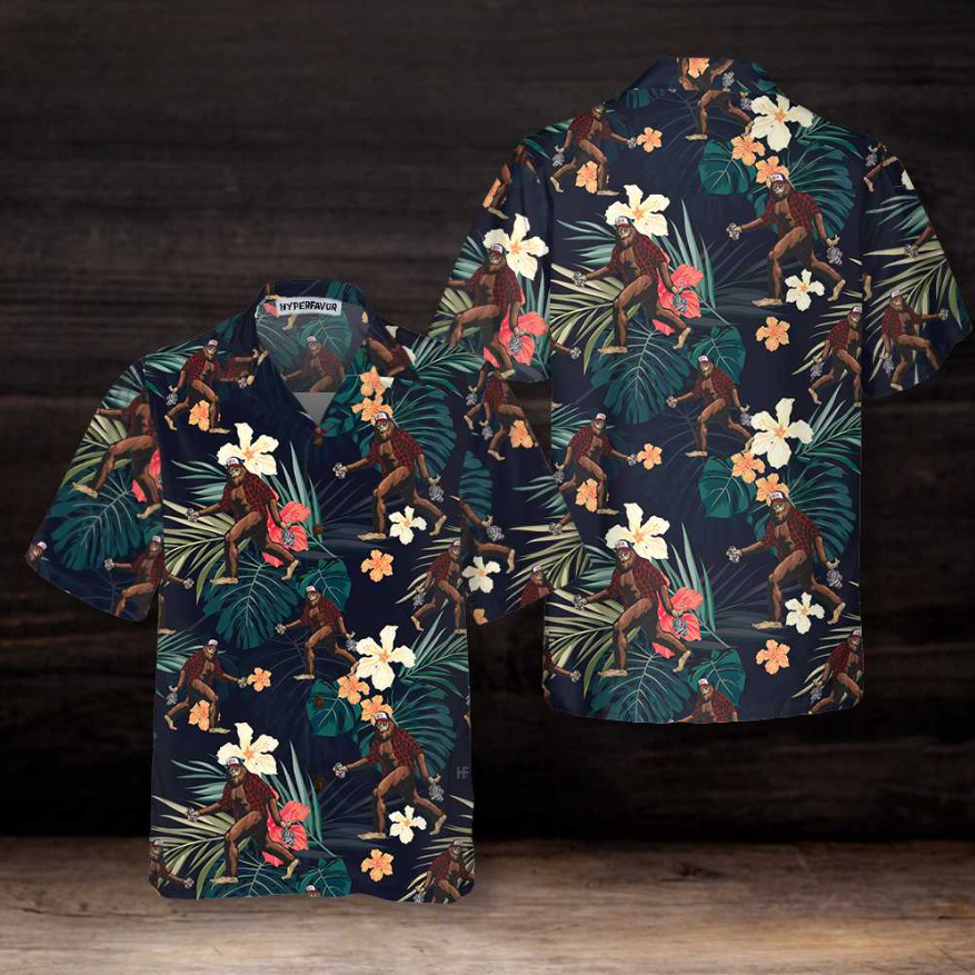 Bigfoot With Tropical Leaves Funny Halloween Hawaiian Shirt
