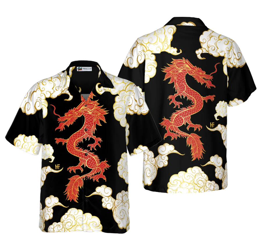 Cool Chinese Dragon Black Red Cloud Hawaiian Shirt