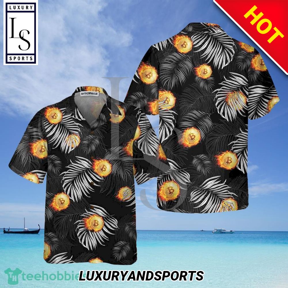 Bitcoin Flame And Tropical Pattern Hawaiian Shirt