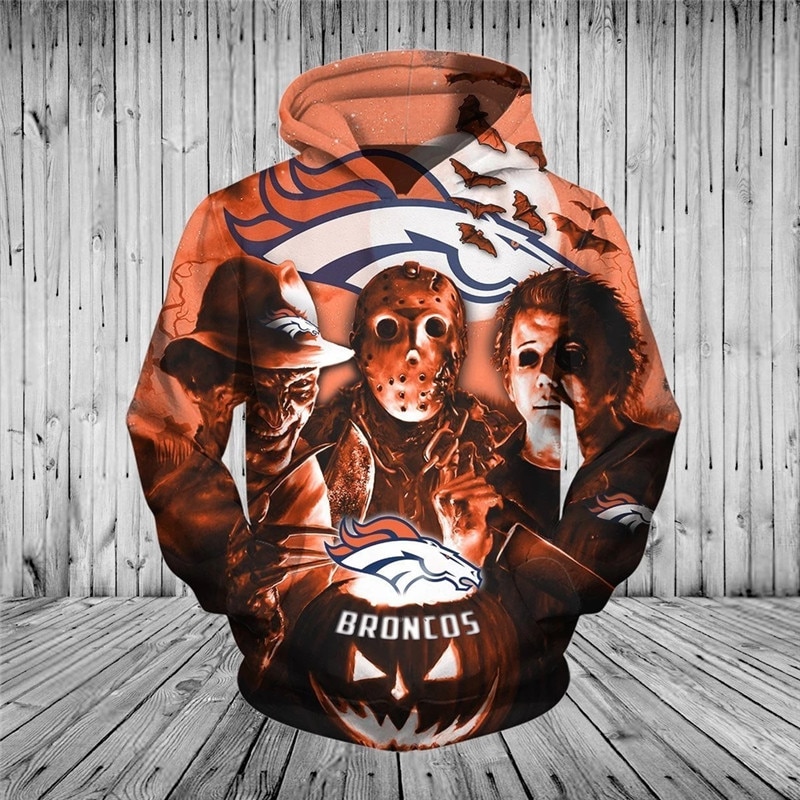 Denver Broncos Hoodie 3D cheap Horror night Halloween Pullover NFL