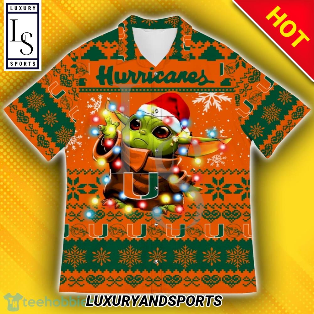 Miami Hurricanes Baby Yoda Star Wars Christmas Hawaiian Shirt
