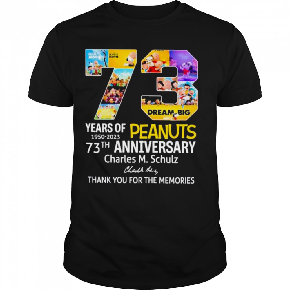 Peanuts 73 years of 1950 2023 73th anniversary thank you for the memories signature shirt