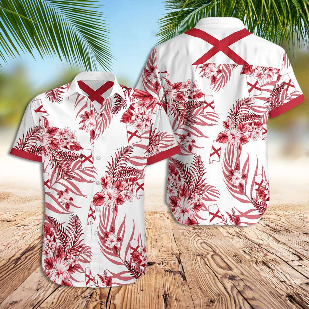 Alabama Hawaiian Shirt Tropical Flower Alabama Flag Hawaiian Shirt