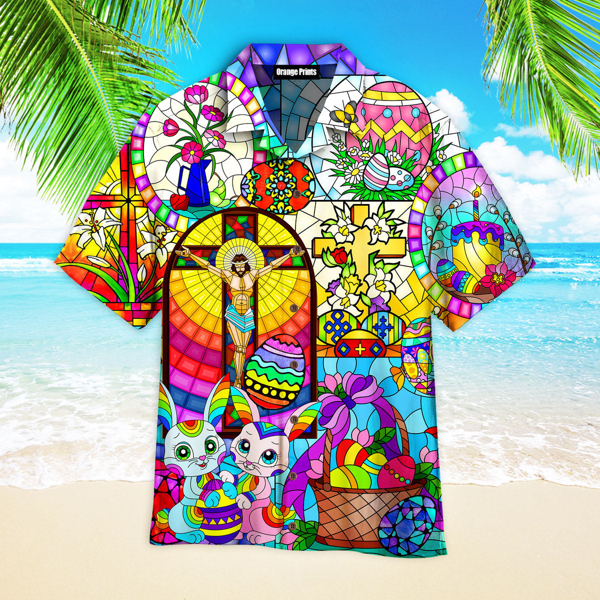 Happy Easter Day Bunny Jesus Stained Glass Hawaiian Shirt