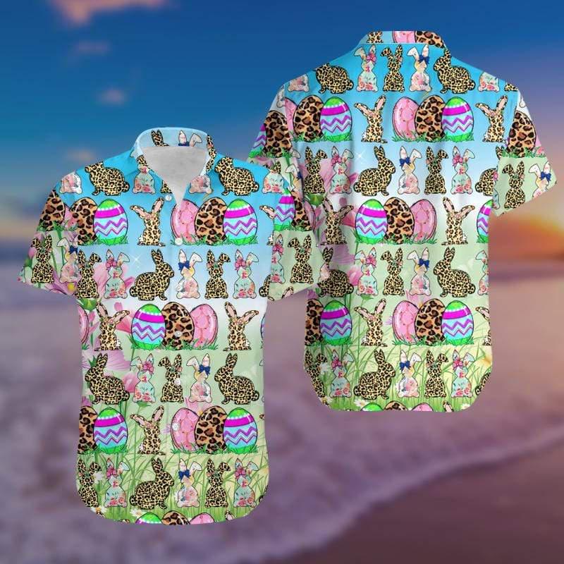 Bunny Leopard _ Eggs Blue Happy Easter Day Hawaiian Shirt