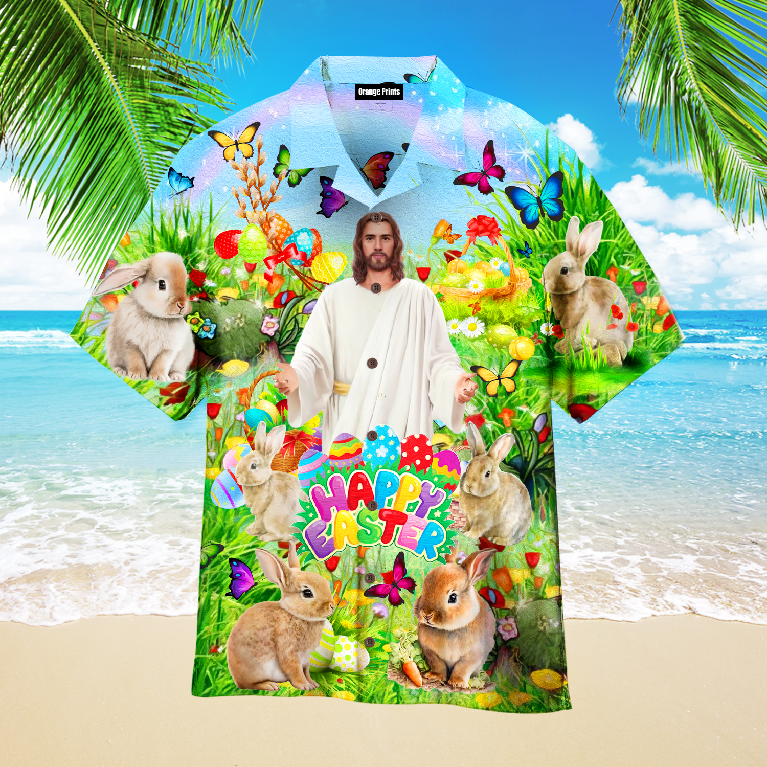 Jesus Happy Easter Rabbit Chilling In The Flower Landscape Art Style Hawaiian Shirt