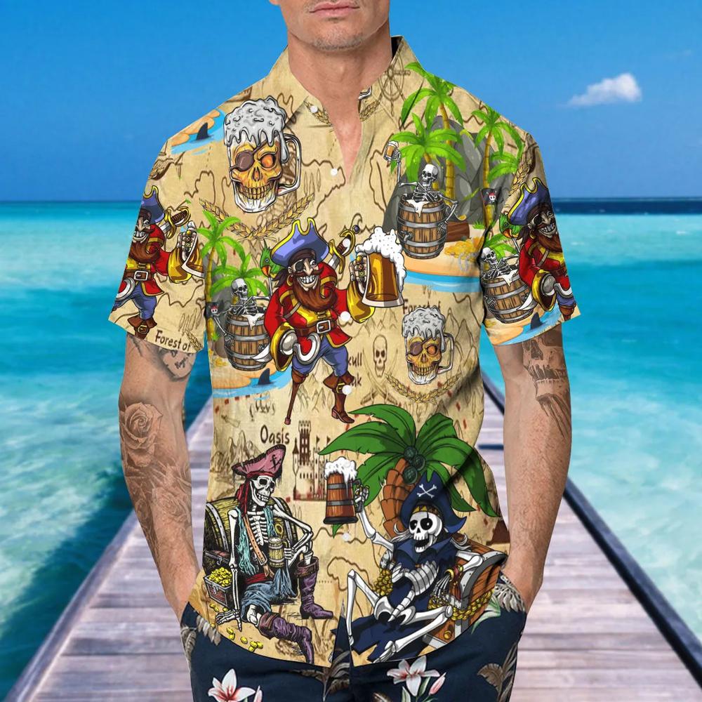 Beach Party Pirates Captain Skeleton Beer Skull Hawaiian Shirt