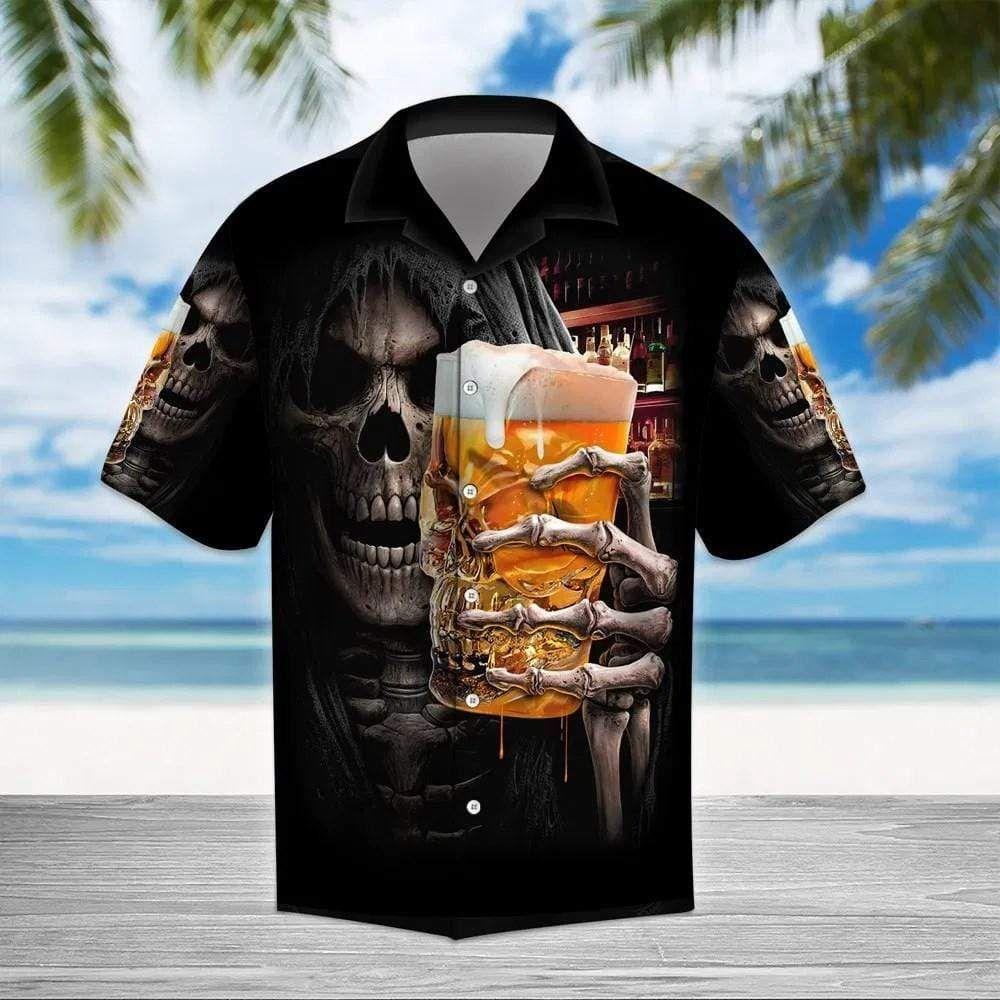 Beach Shirt Beer Skull Black Unisex Hawaiian Aloha Shirt