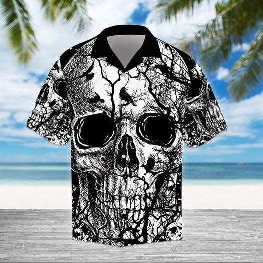 Beach Shirt Black And White Skull With Bird Hawaiian Shirts-1