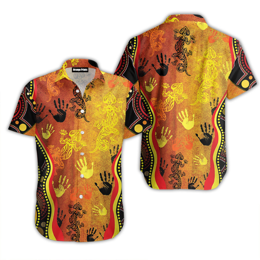 Aboriginal Australia Rock Painting Hand Lizard Art Golden Style Beach Hawaiian Shirt