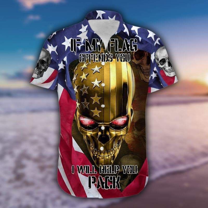 Amazing If My Flag Offendsyou Gold Skull American Flag Hawaiian Shirt