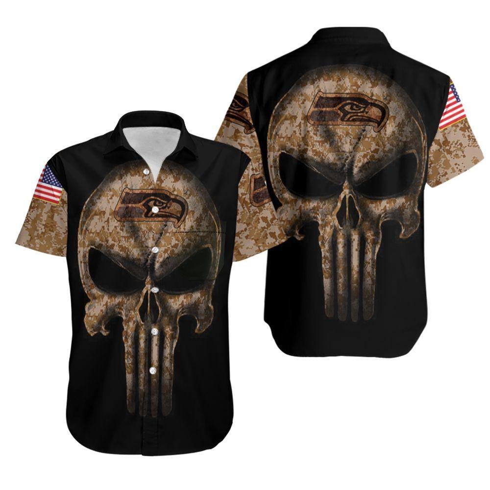 Beach Shirt Camouflage Skull Seattle Seahawks American Flag Hawaiian Shirt-1