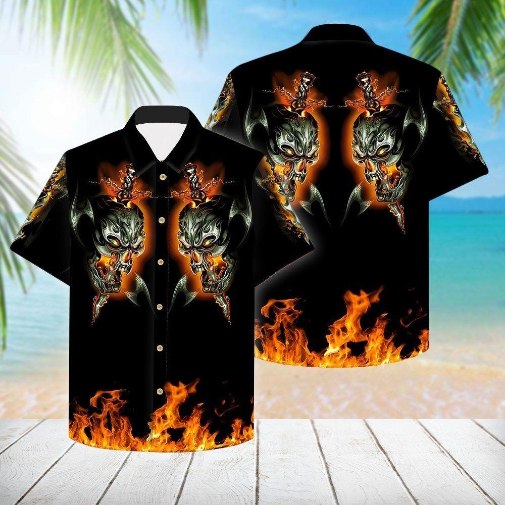 Beach Shirt Check Out This Awesome 3d All Over Skull Fire Swords Hawaiian Shirt