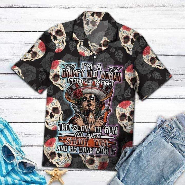 Beach Shirt Check Out This Awesome Hawaiian I Am An Grumpy Old Woman Skull Shirt