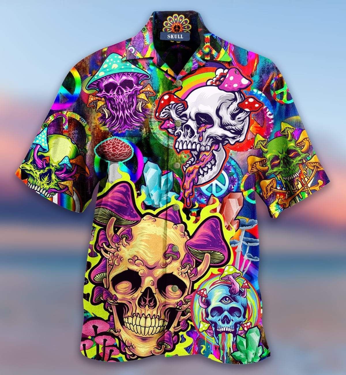 Beach Shirt Colorful Happy Hippie Mushroom Skull Pink Hawaiian Aloha Shirts