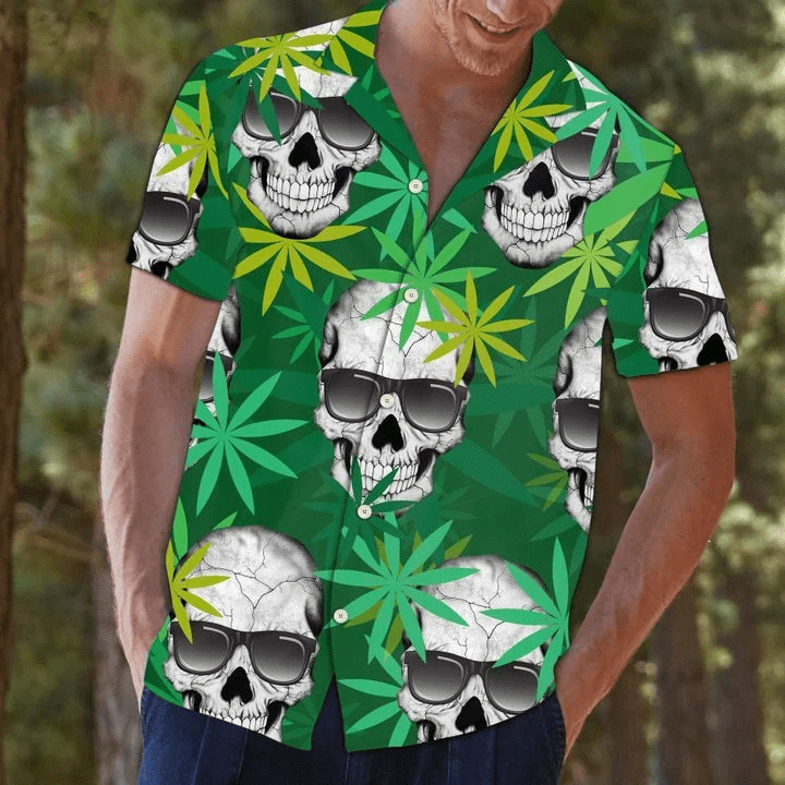 Beach Shirt Discover Cool Hawaiian Aloha Shirts Green Weed Skull-1