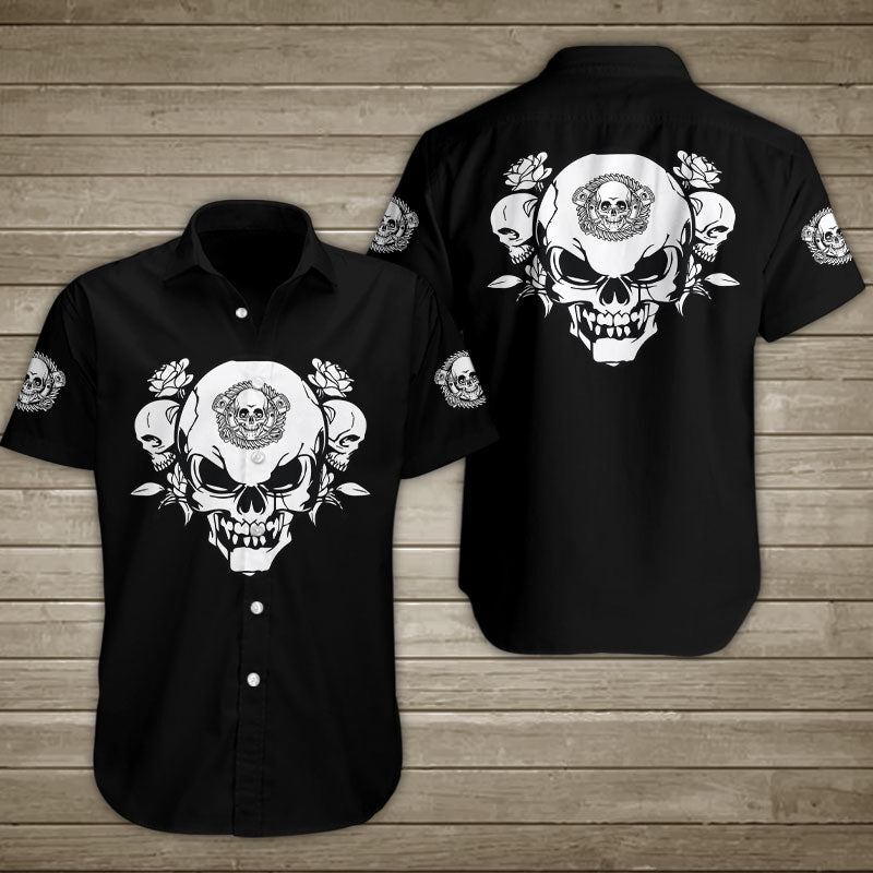 Angry Skull With Roses Hawaiian Shirt Summer Button Up For Men Women Couple-1