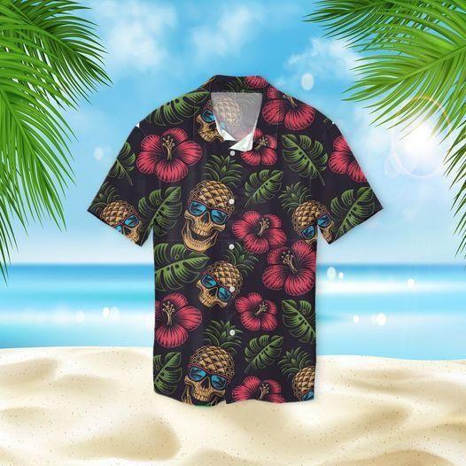 Beach Shirt Get Now Pineapple Skull Hibiscus Hawaiian Aloha Shirt