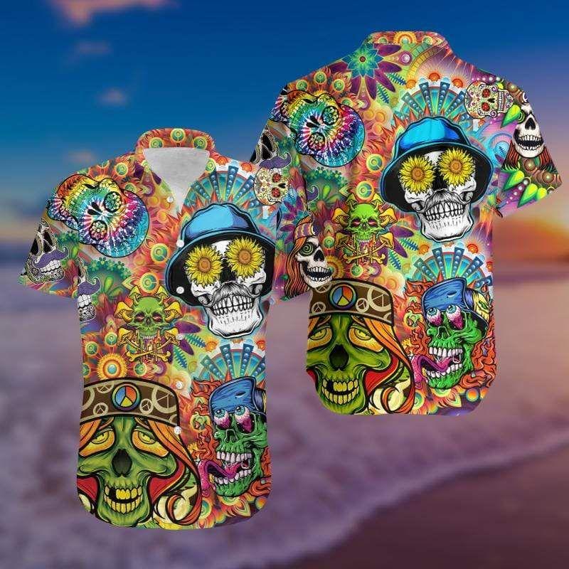 Beach Shirt Hawaiian Unisex Aloha Hippie Skull Colorful Shirts V-1