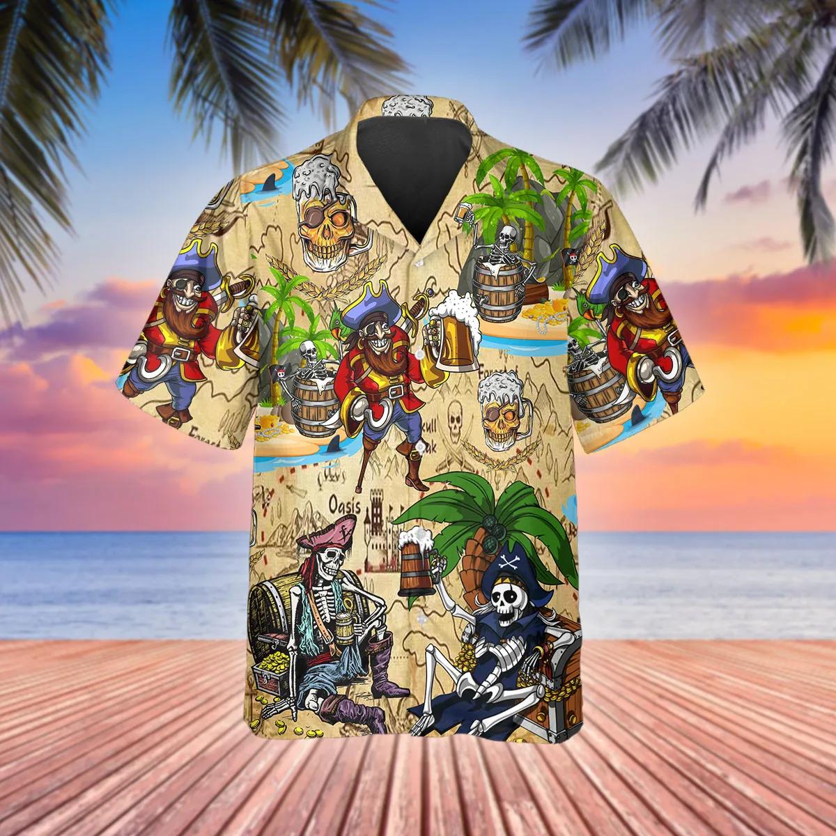 Beach Party Pirates Captain Skeleton Beer Skull Hawaiian Shirt