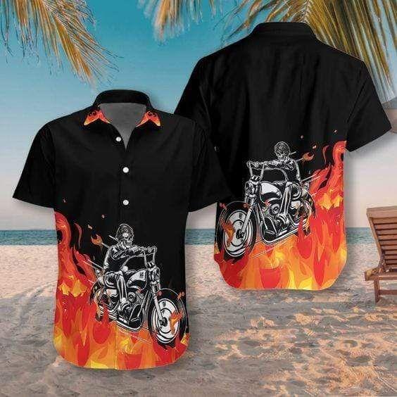 Beach Shirt Get Here Hawaiian Shirts Motorcycle Skull On Fire