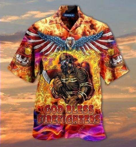 Beach Shirt Get Here Hawaiian Shirts God Bless Firefighters Skull
