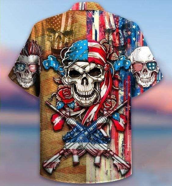 Beach Shirt Hawaiian Aloha Shirts Patriotic Flower Skull