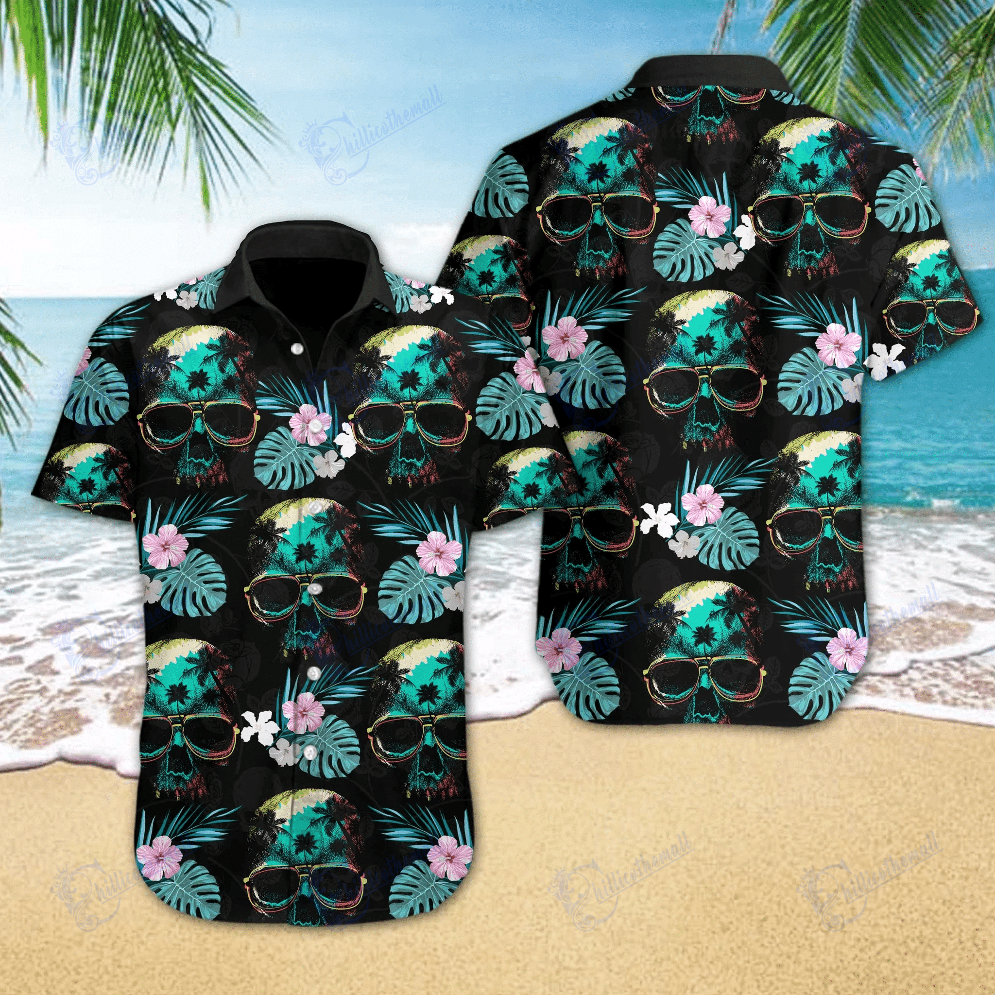 Beach Shirt Hawaiian Aloha Shirts Skull Beach V-