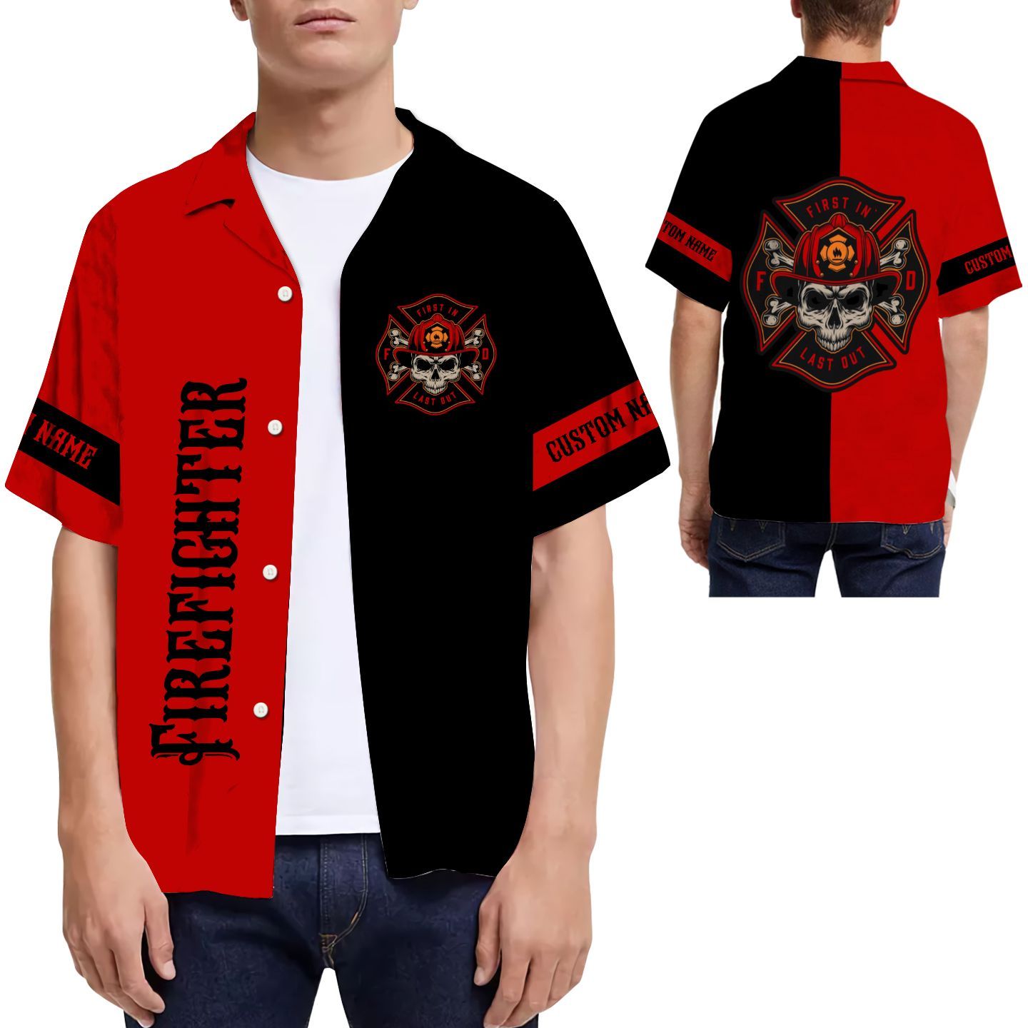 Beach Shirt Skull Firefighter Custom Name Hawaiian Shirt