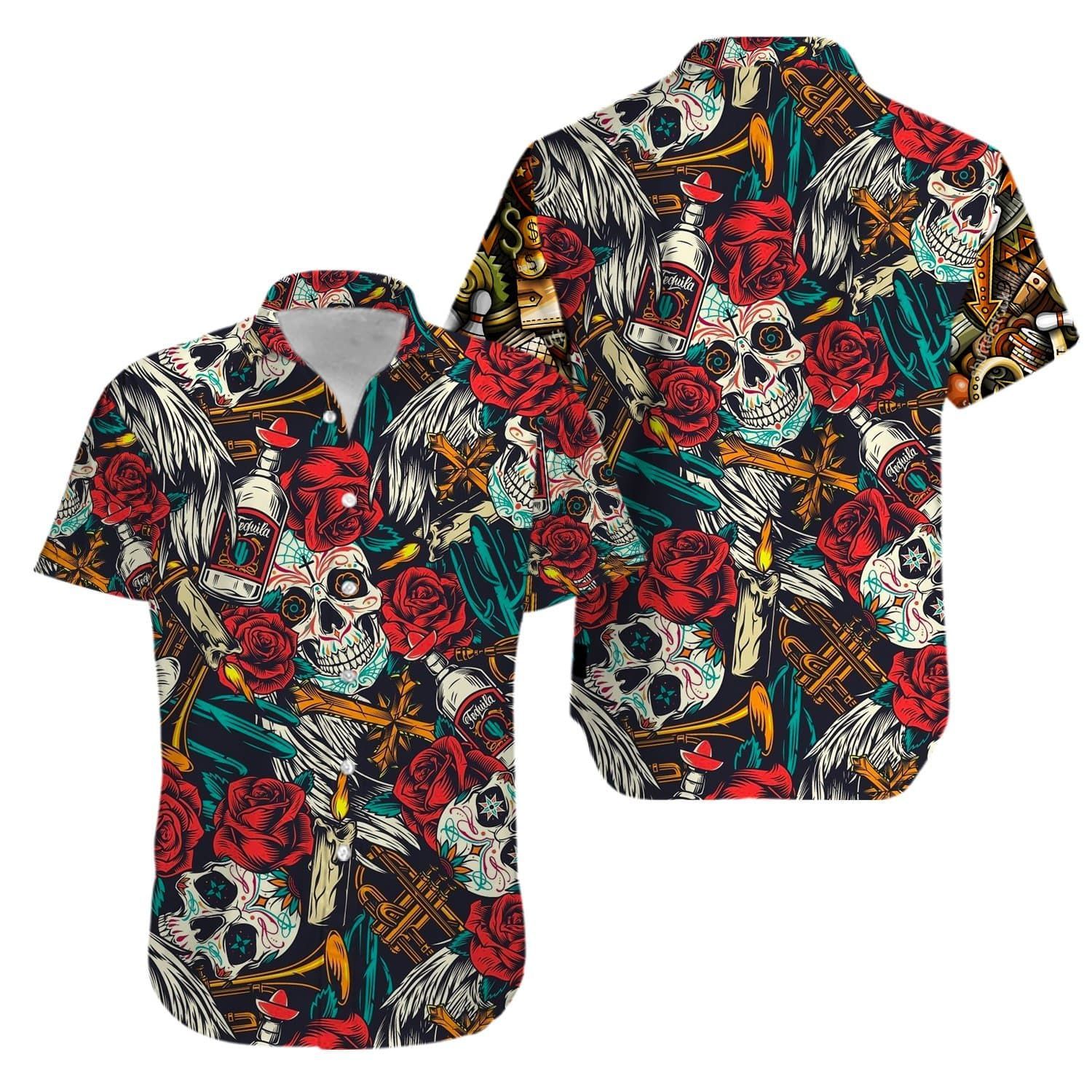 Beach Shirt Skull Rose Alcohol Aloha Hawaiian Shirts