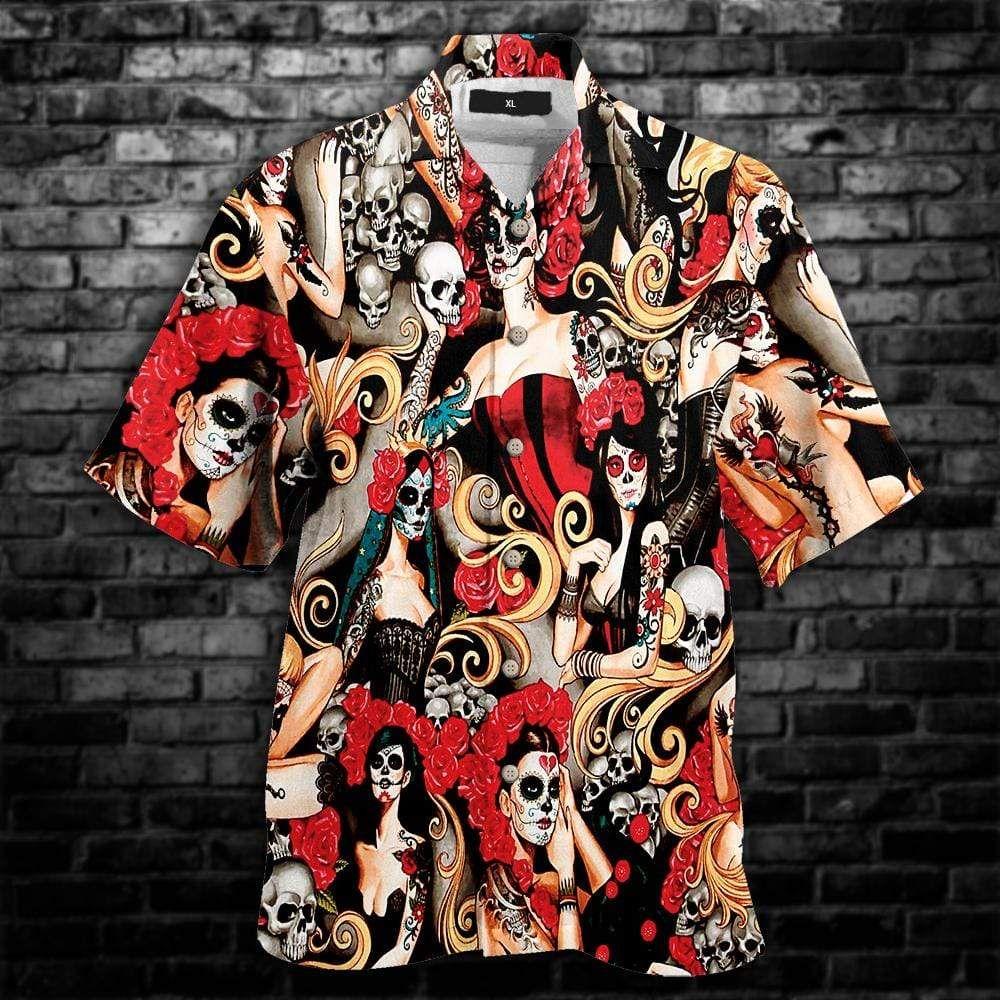 Beach Shirt Tattoo Skull Girl Roses Hawaiian Aloha Shirt