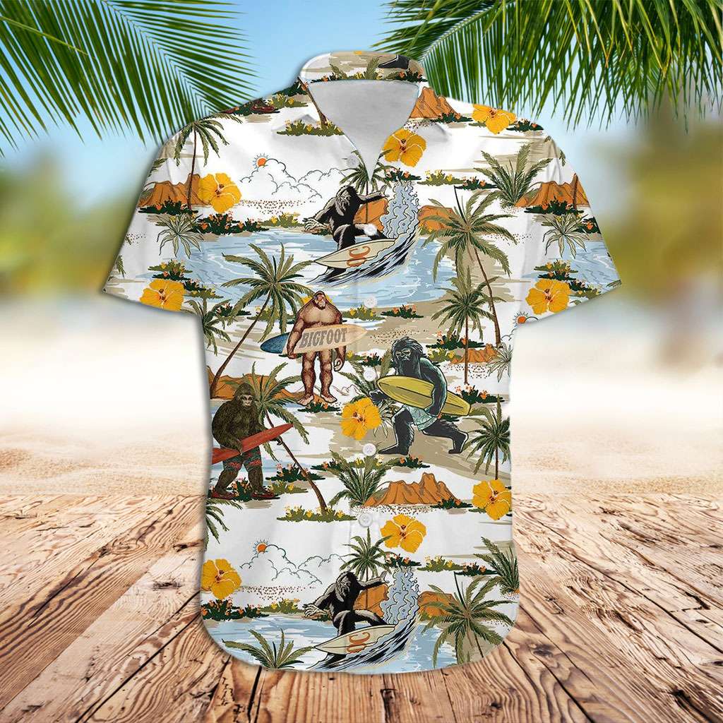 Bigfoot Hawaiian Shirt Bigfoot Surfing At The Beach Hawaiian Shirt