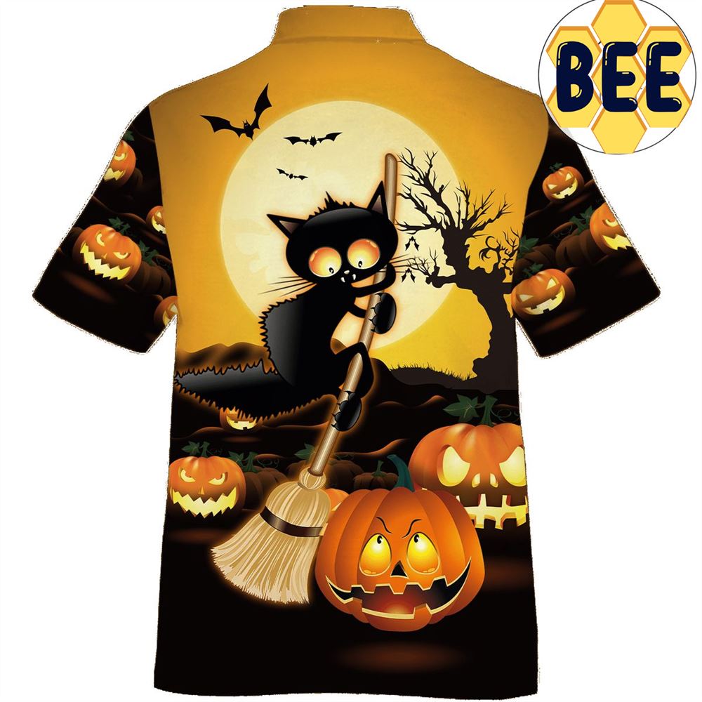 Black Cat Broom Sweep Halloween Hawaiian Shirt-1