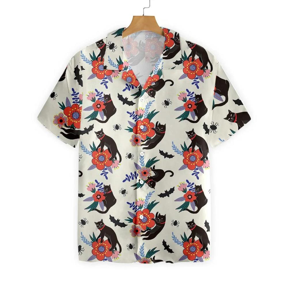 Black Cat Halloween Hawaiian Shirt Print Aloha Short Sleeve Unisex Shirt-1
