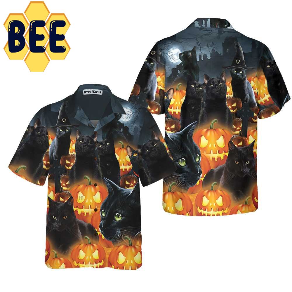 Black Cat Pumpkin Halloween Hawaiian Shirt-1