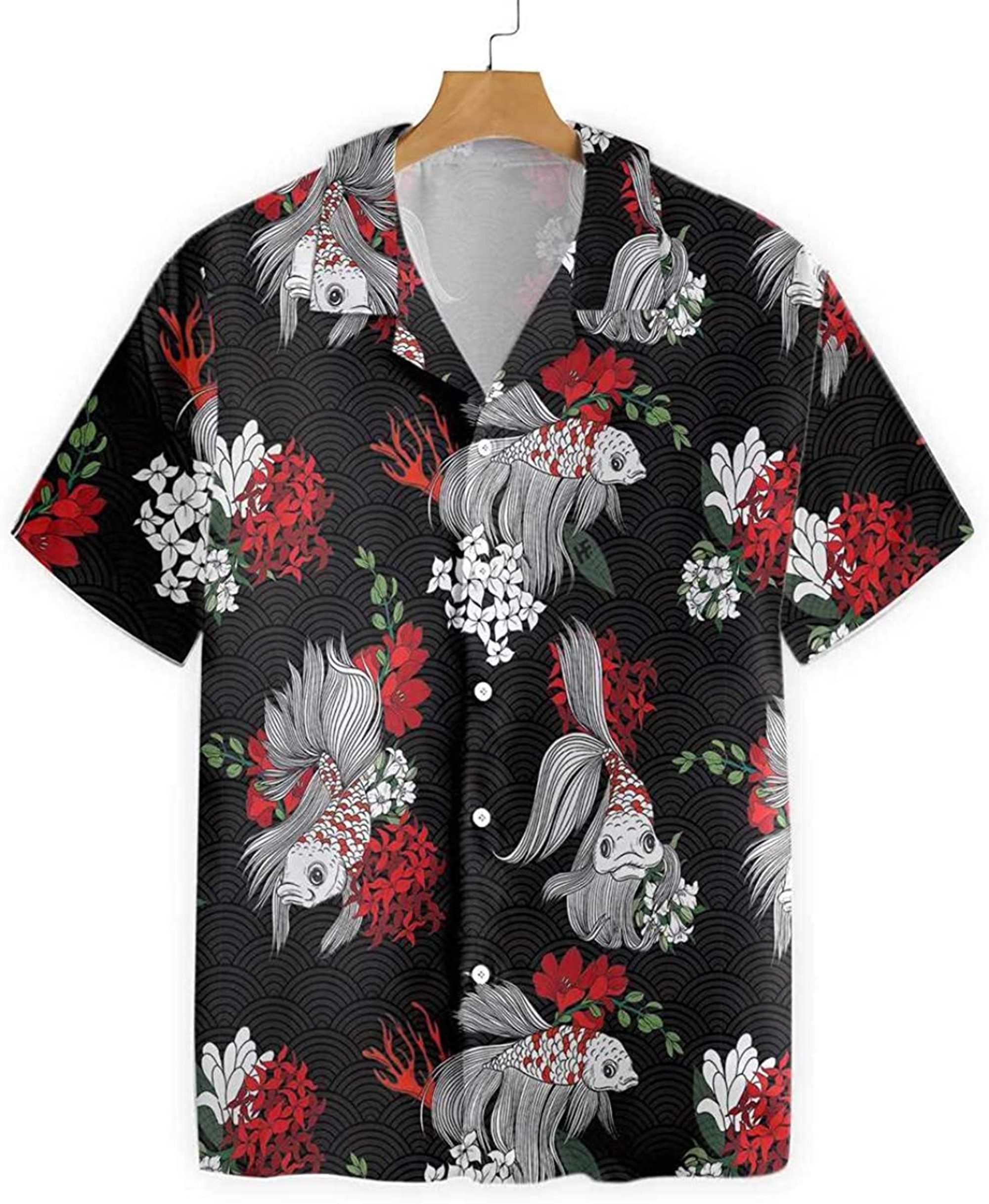 Black Koi Fish And Flowers Hawaiian Shirt