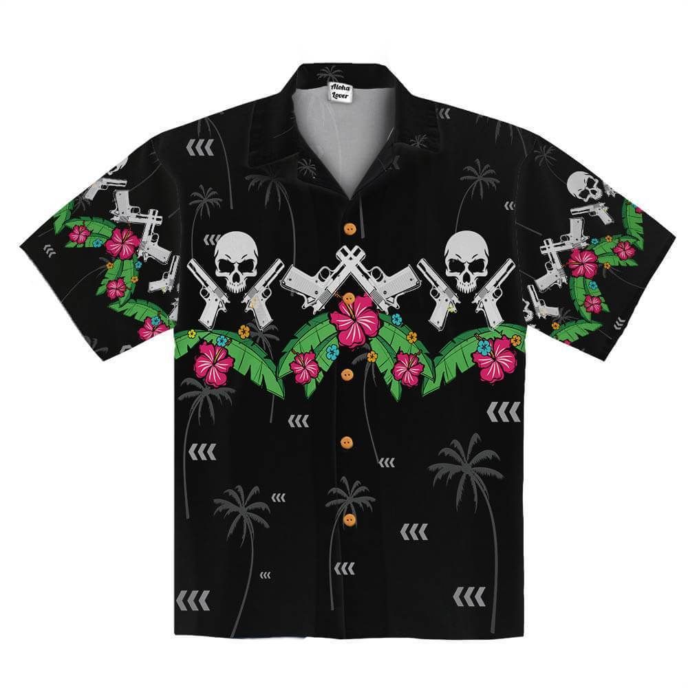 Black Skull And Short Gun Unisex Hawaiian Shirts