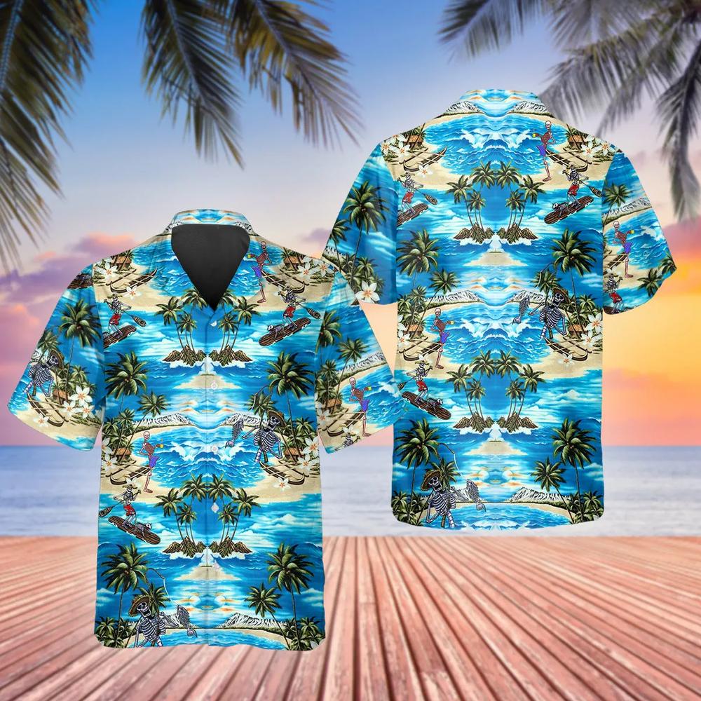 Blue Beach With Coconut Skull Hawaiian Shirt