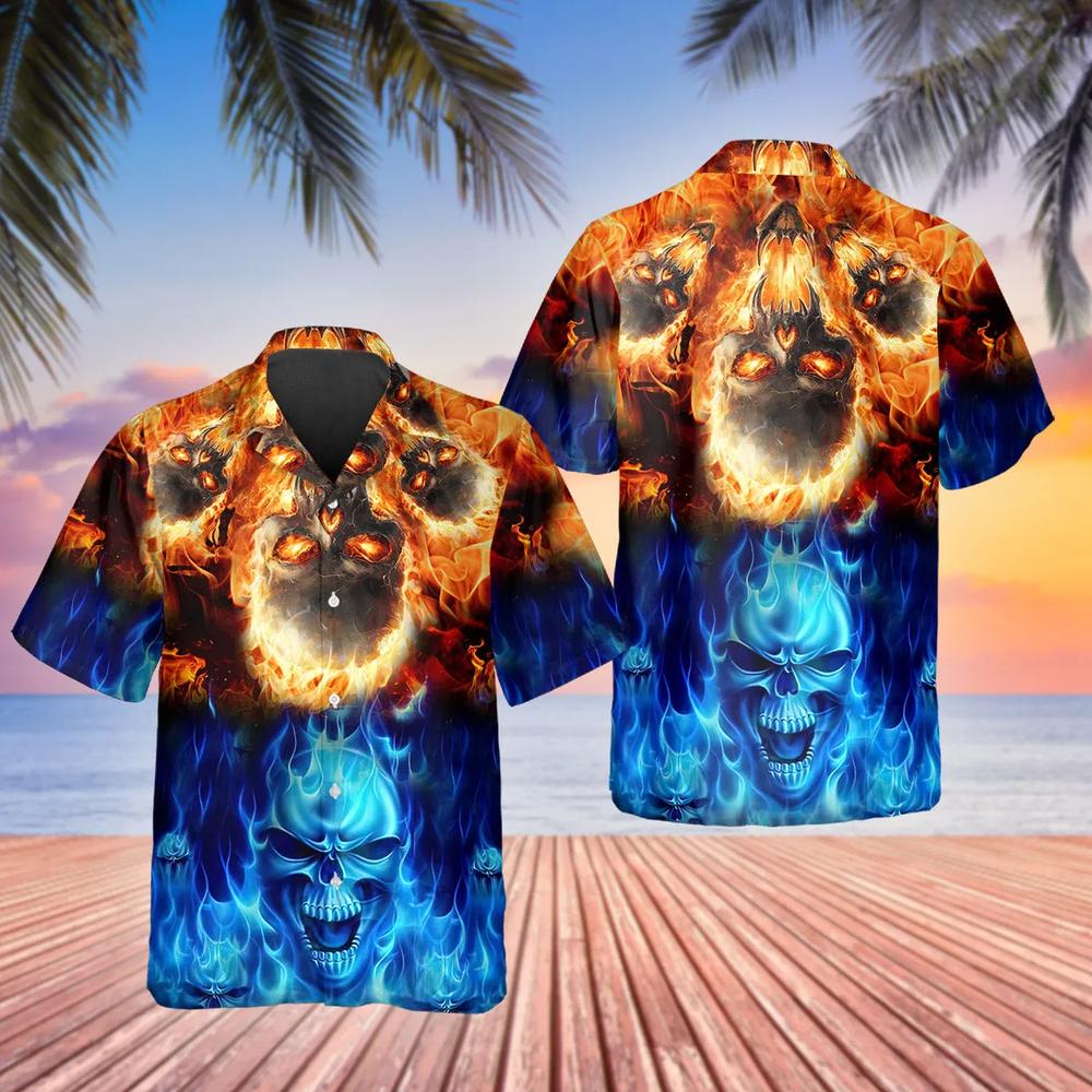 Blue Fire Skull Hawaiian Shirt