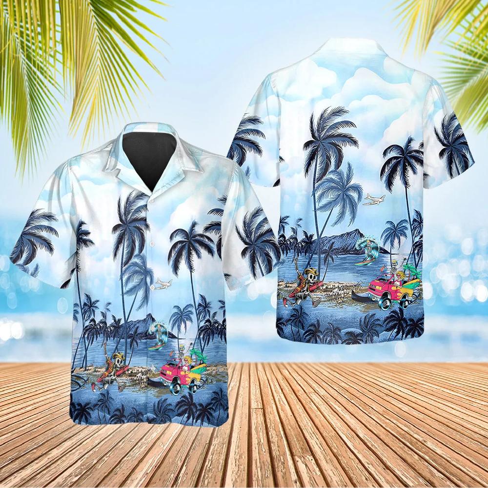 Blue Ocean Coconut Tree Skull Hawaiian Shirt