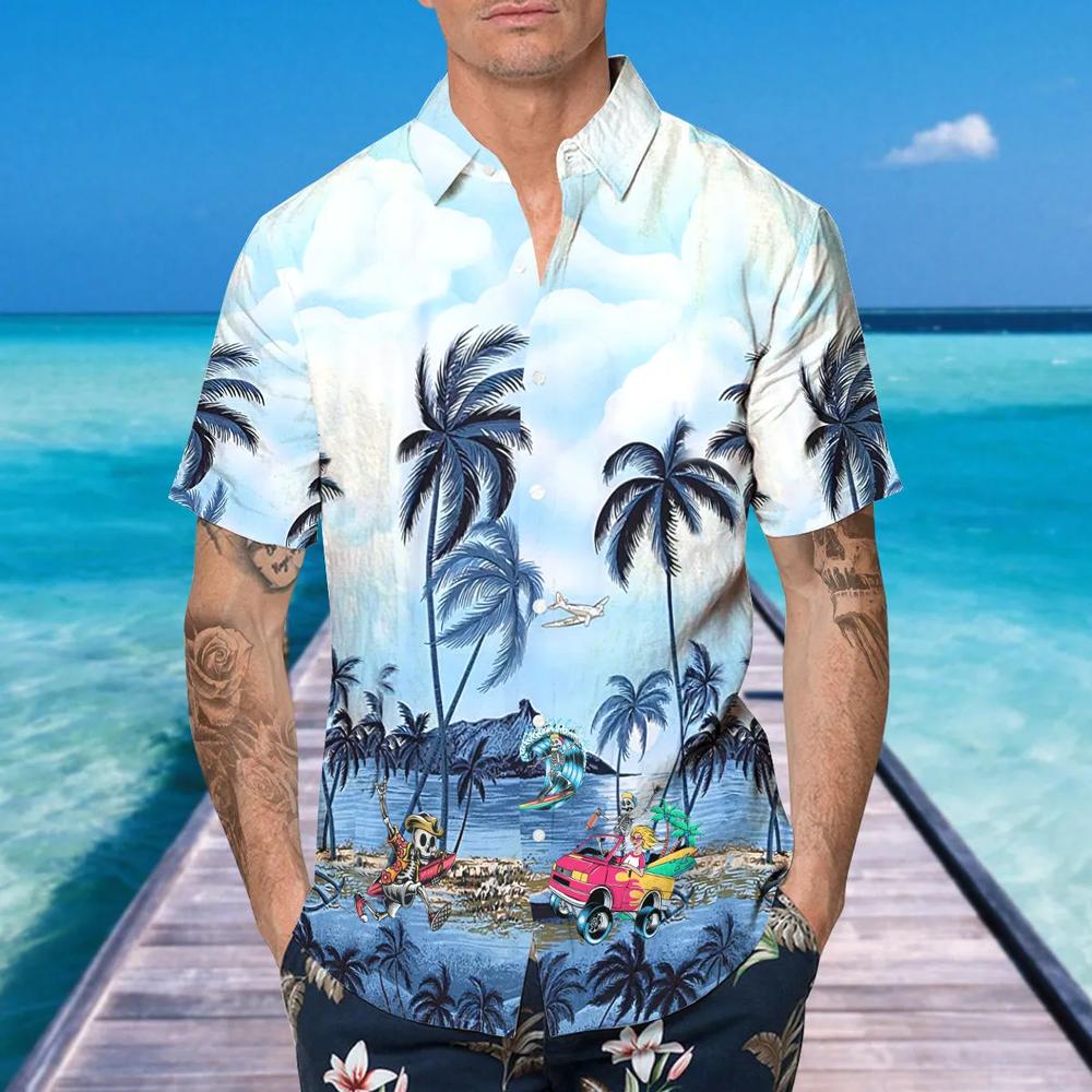 Blue Ocean Coconut Tree Skull Hawaiian Shirt